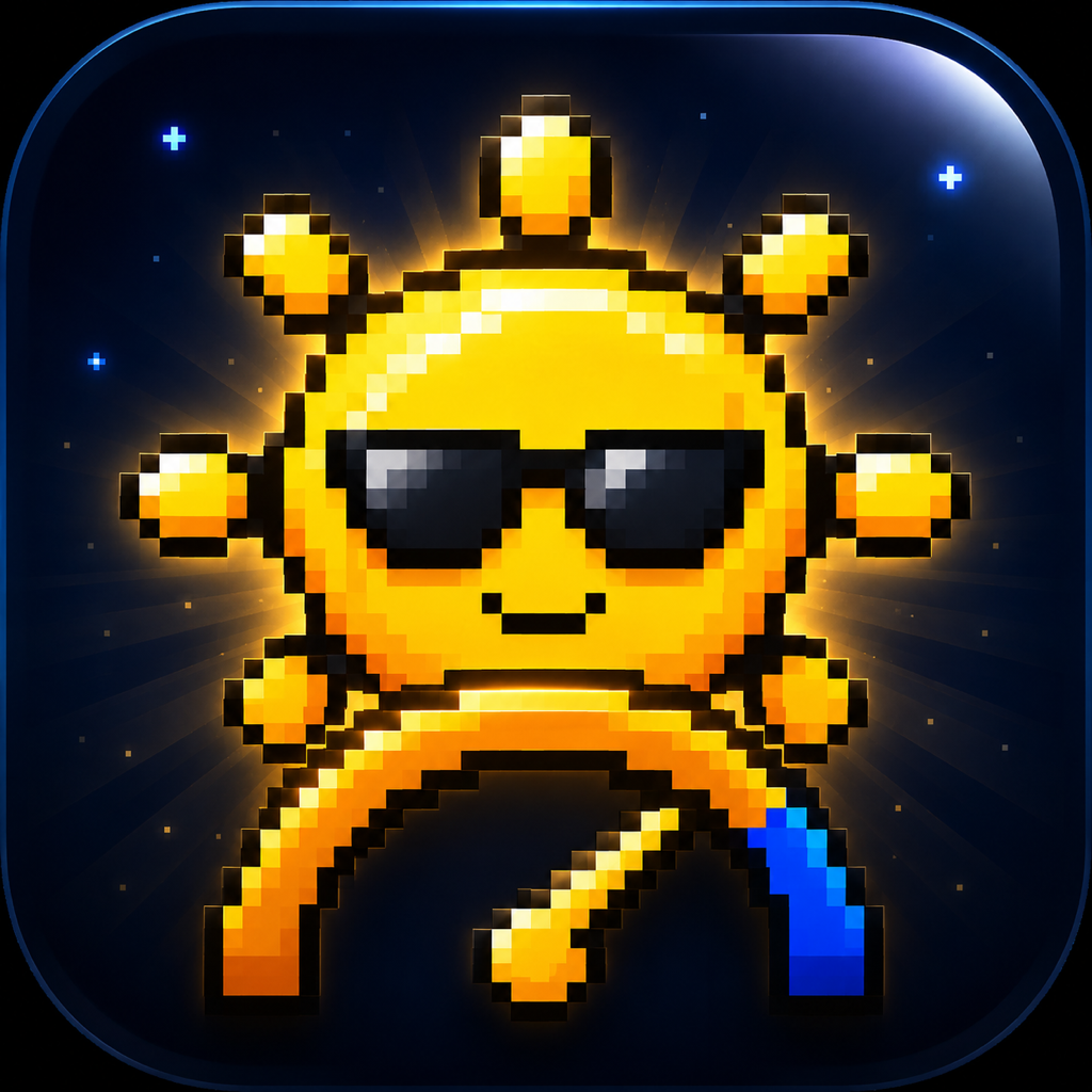 The dark variant of the Sun Hours app icon: a glowing pixel-art sun in sunglasses above a gauge arc, on a rounded square of deep navy night sky scattered with stars.