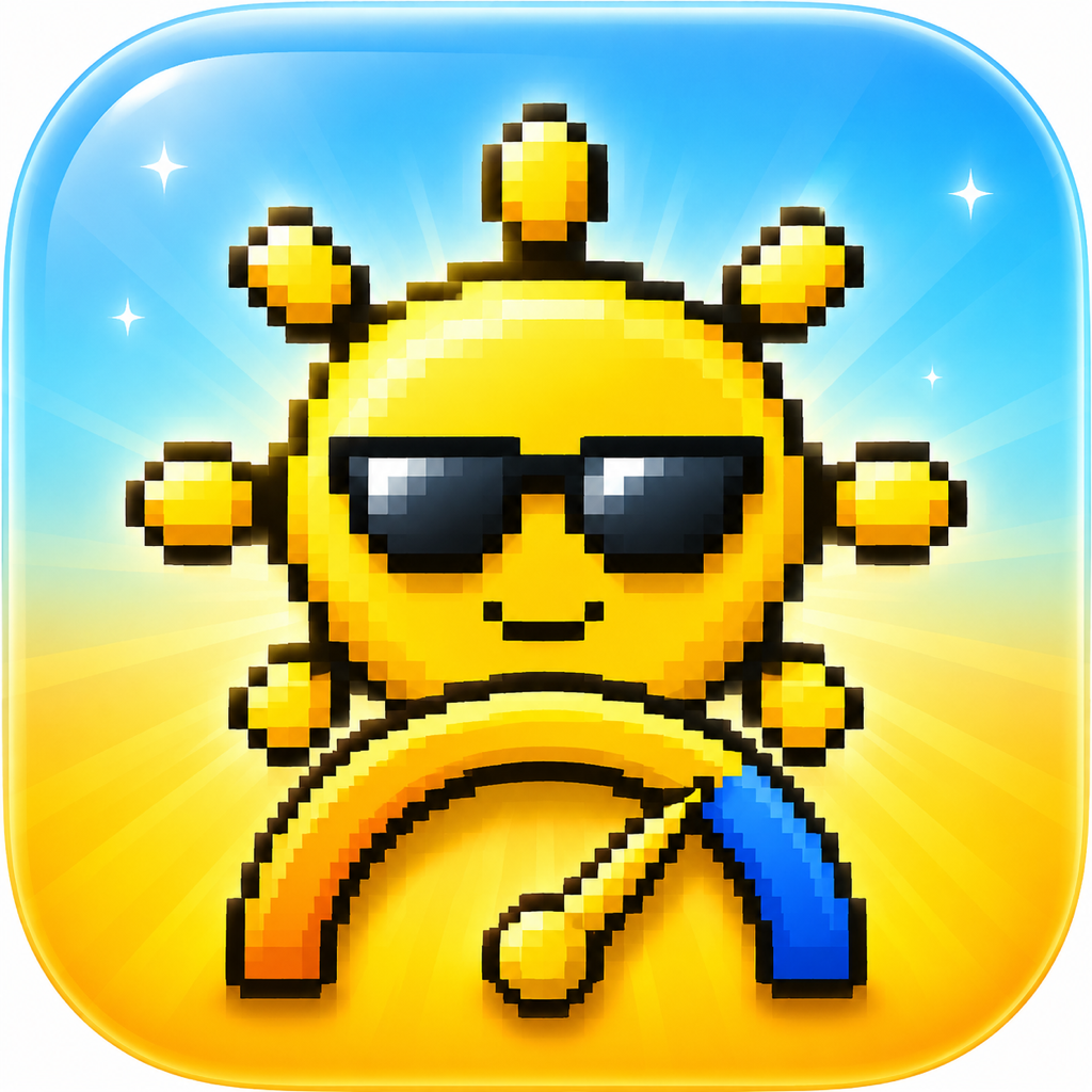 The Sun Hours app icon: a pixel-art sun wearing dark sunglasses above a gauge arc and needle, on a rounded square that fades from blue sky at the top to warm yellow below.