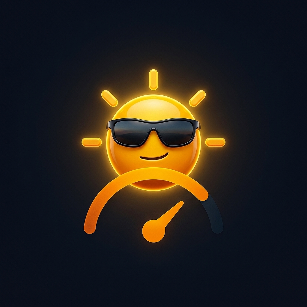 The Sun Hours logo mark: a glowing yellow sun wearing sunglasses above an orange-to-grey gauge arc with a needle, on a near-black background.