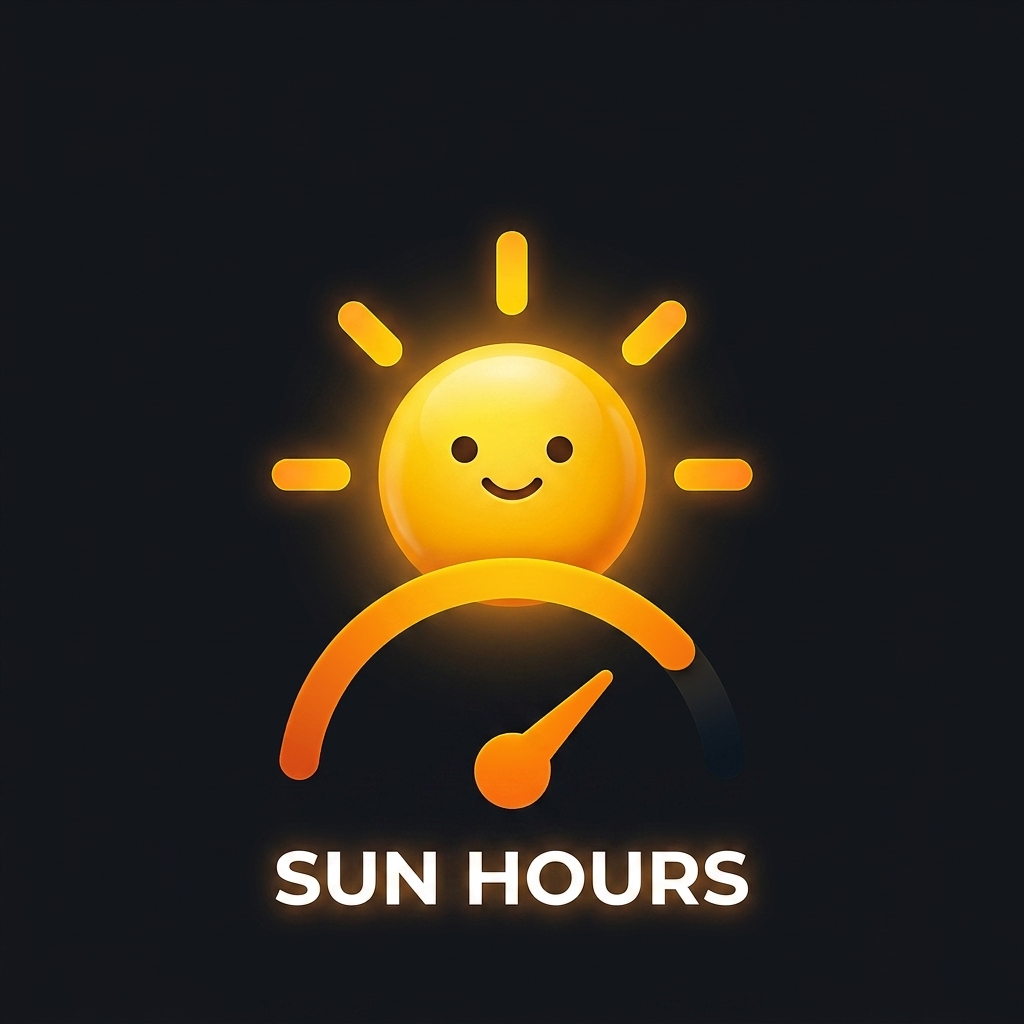 The Sun Hours logo with wordmark: a smiling yellow sun above an orange gauge arc and needle, with SUN HOURS set in white capitals beneath, on a near-black background.