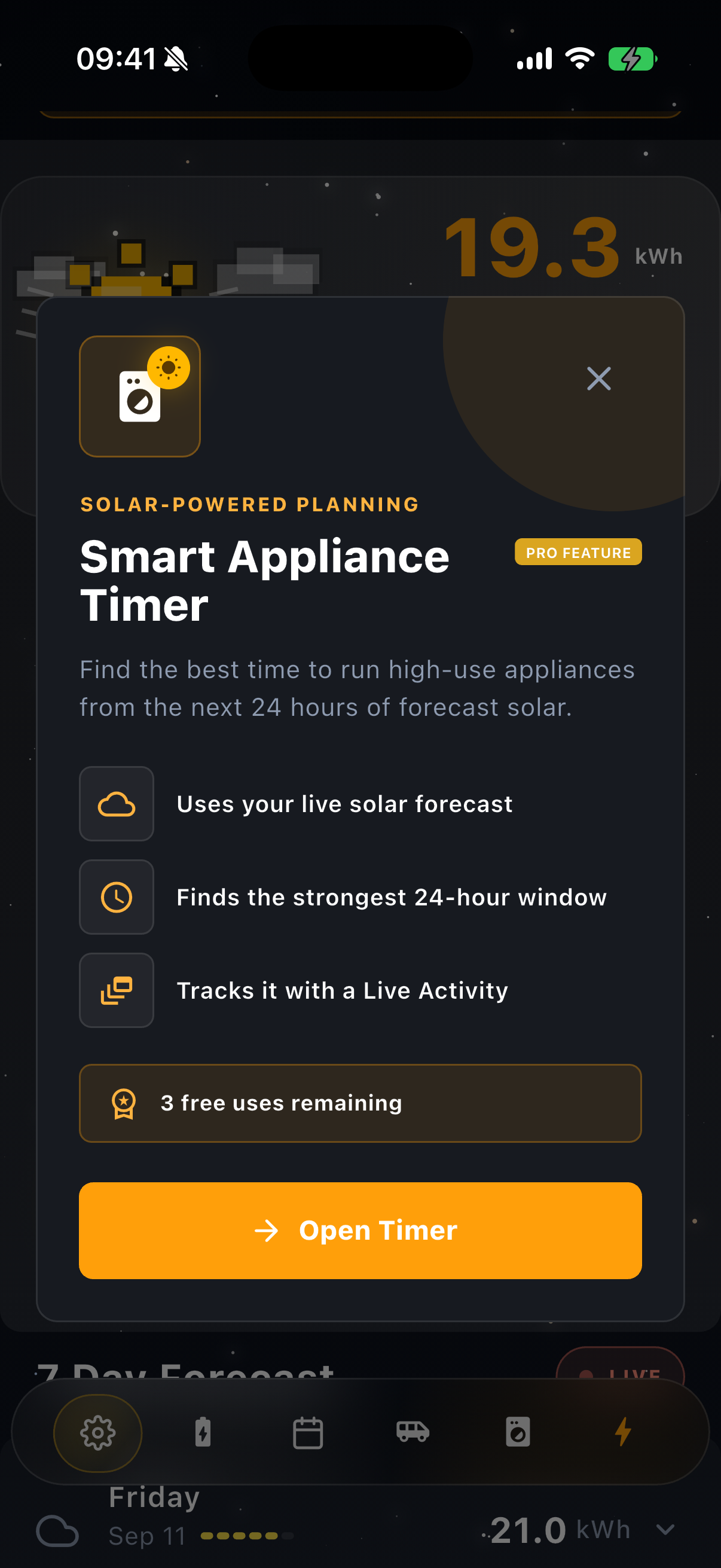 Sun Hours app screen: appliance timer — introduction dialog, shown in the app's near-black night palette.