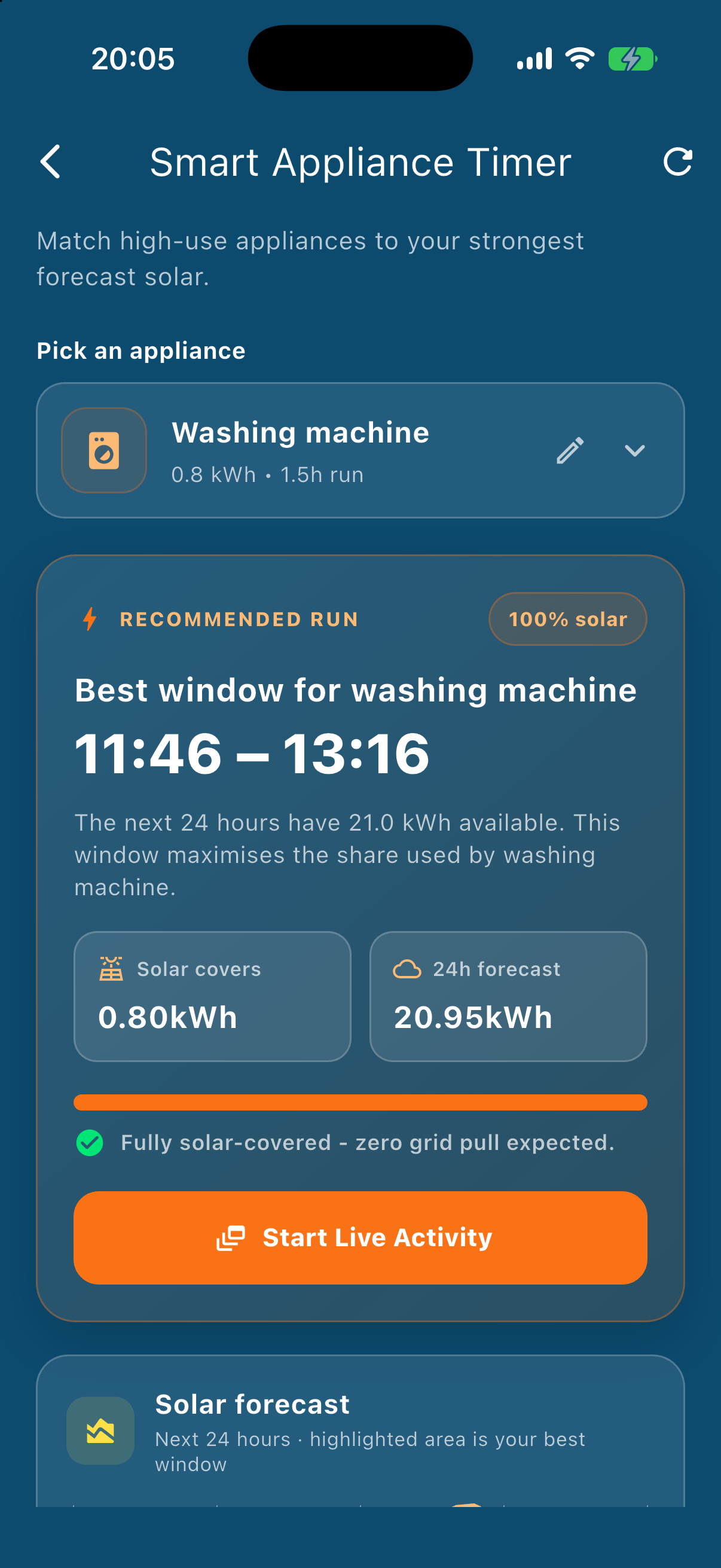 Sun Hours smart appliance timer recommending a midday run window for a washing machine, badged 100% solar, showing that 0.80 kWh of the appliance's demand is covered out of about 21 kWh forecast for the next 24 hours, with a Start Live Activity button below, shown in the app's blue daytime palette.