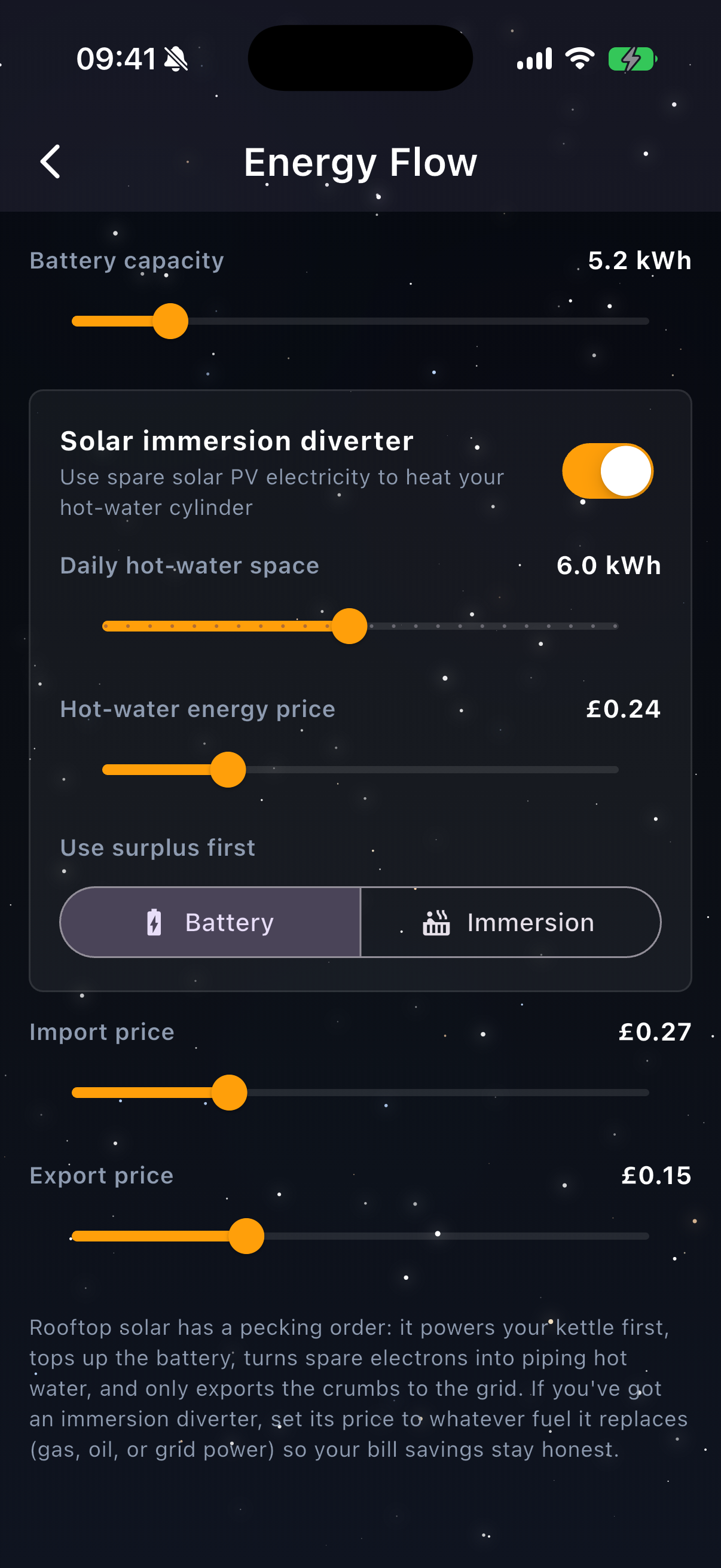 Sun Hours app screen: energy flow — scrolled to the breakdown detail, shown in the app's near-black night palette.