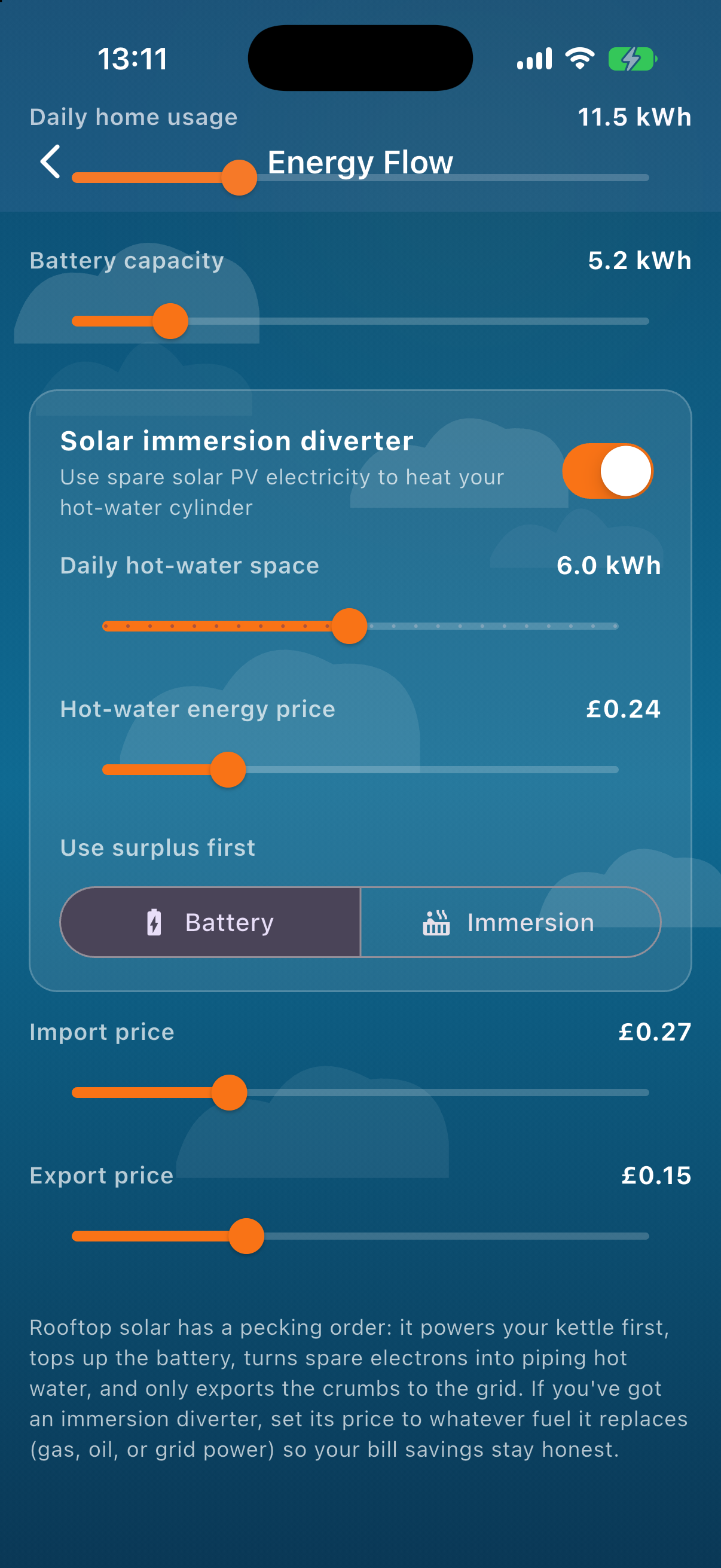 Sun Hours energy flow advanced settings, scrolled down to show a battery capacity of 5.2 kWh, a solar immersion diverter toggled on with 6.0 kWh of daily hot-water space at £0.24, an import price of £0.27 and an export price of £0.15, with explanatory text on how rooftop solar is prioritised, shown in the app's blue daytime palette.