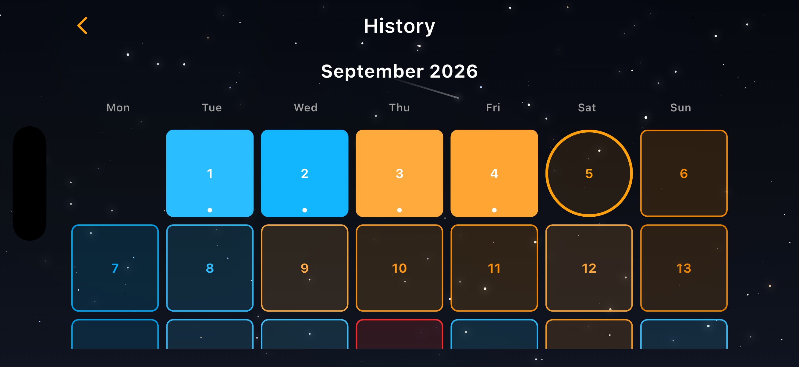 Sun Hours generation calendar in landscape, showing the September 2026 month grid across the full width with wider day tiles, the first four days filled as metered and today ringed in orange, shown in the app's near-black night palette.