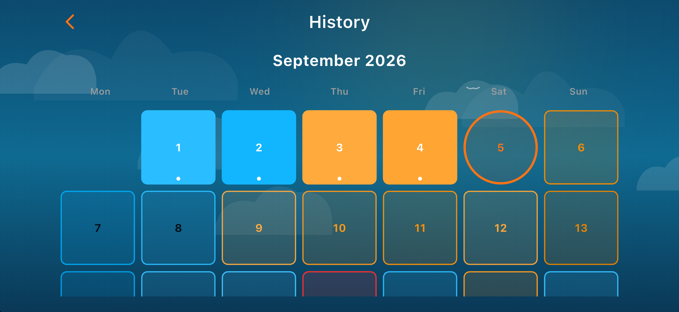 Sun Hours generation calendar in landscape, showing the September 2026 month grid across the full width with wider day tiles, the first four days filled as metered and today ringed in orange, shown in the app's blue daytime palette.