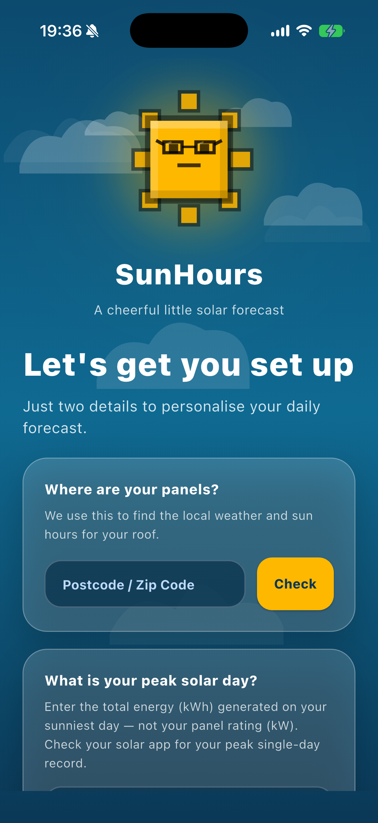Sun Hours first-run setup screen headed 'Let's get you set up', with a pixel-art sun mascot above two cards: one asking where your panels are with a postcode field, and one asking for your best-ever day in kWh, shown in the app's near-black night palette.
