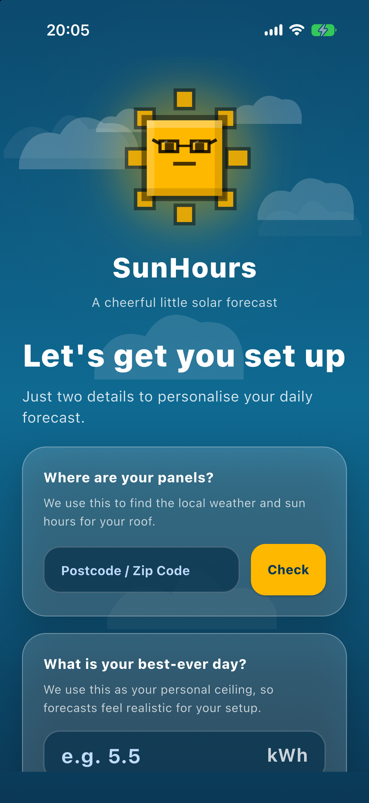 Sun Hours first-run setup screen headed 'Let's get you set up', with a pixel-art sun mascot above two cards: one asking where your panels are with a postcode field, and one asking for your best-ever day in kWh, shown in the app's blue daytime palette.