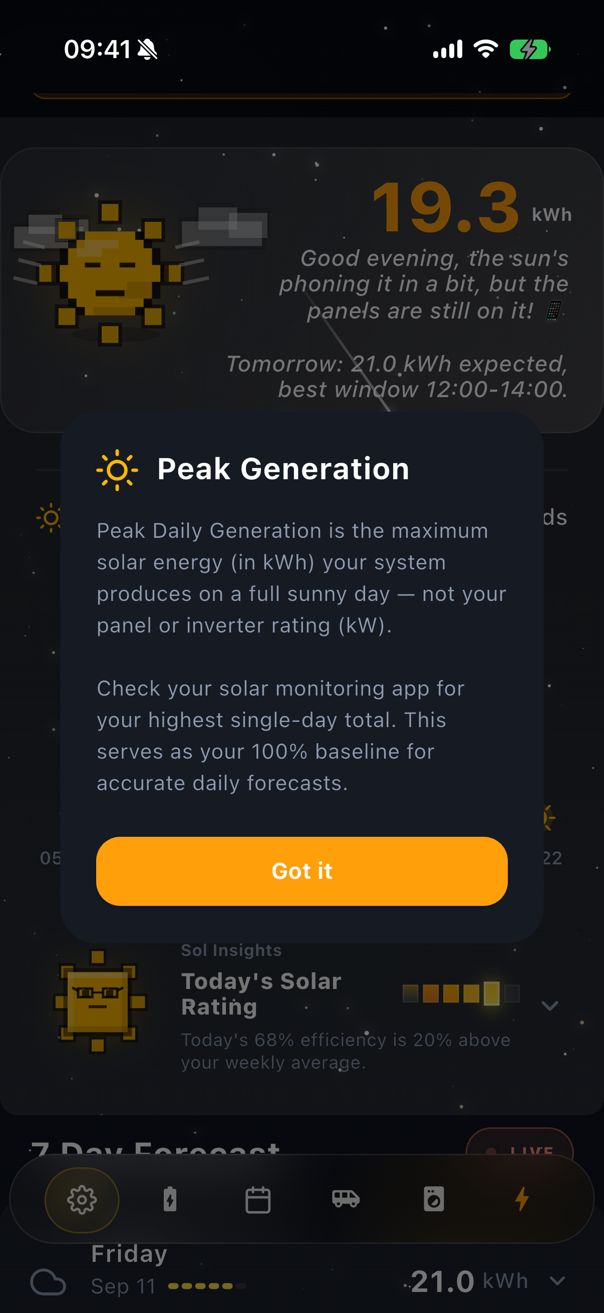Sun Hours app screen: peak generation — info dialog explaining the best-day figure, shown in the app's near-black night palette.