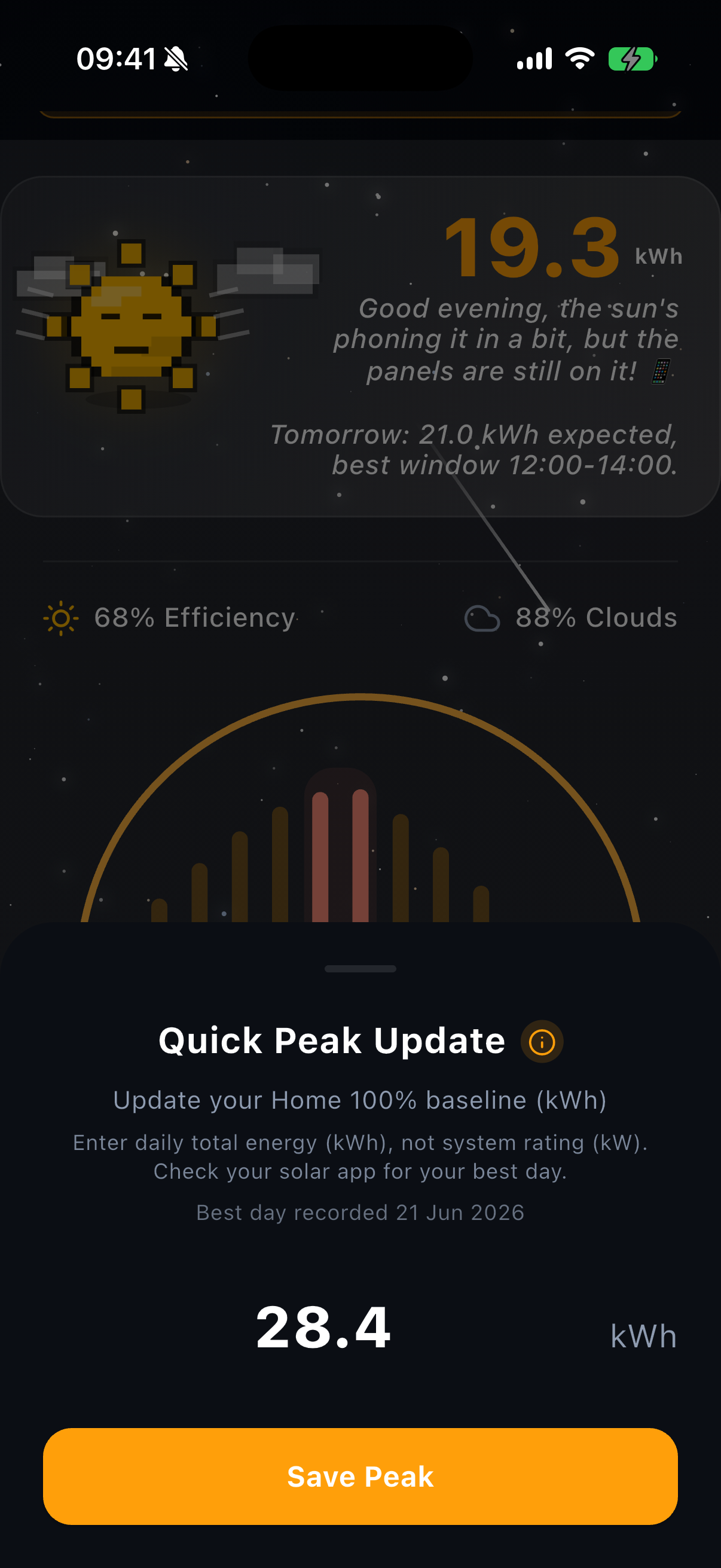 Sun Hours app screen: quick update to a saved best-day figure, shown in the app's near-black night palette.