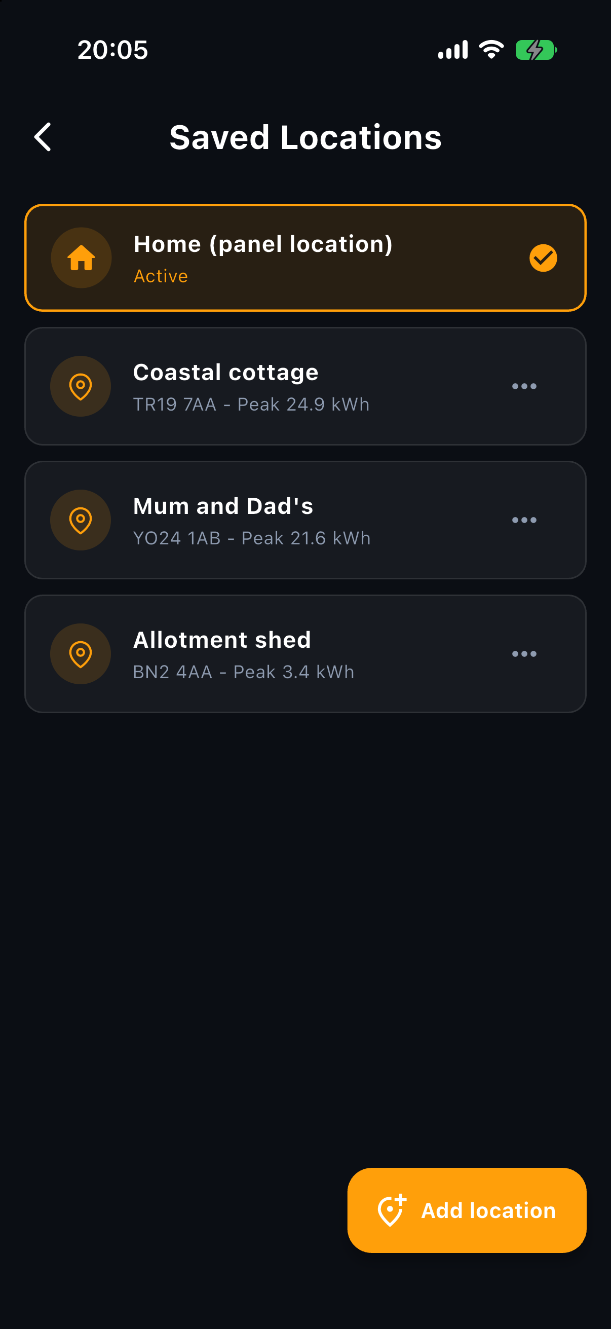 Sun Hours saved locations list: Home marked as the active panel location, followed by Coastal cottage, Mum and Dad's and Allotment shed, each with a postcode and a peak figure, and an Add location button in the corner, shown in the app's near-black night palette.