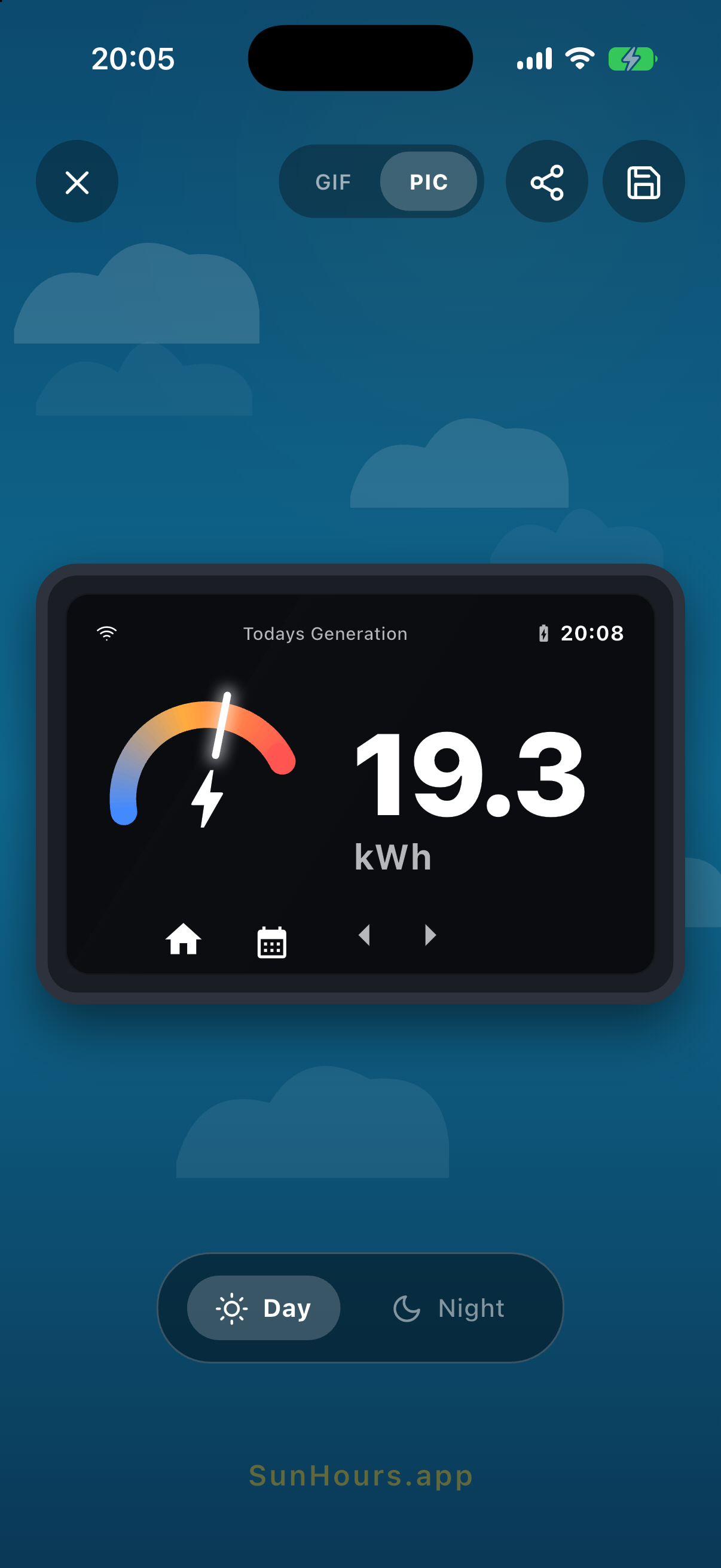 Sun Hours share card composer, showing a preview card in a device frame that reads Todays Generation with a coloured gauge and the figure 19.3 kWh, above a Day and Night style toggle set to Day, shown in the app's near-black night palette.