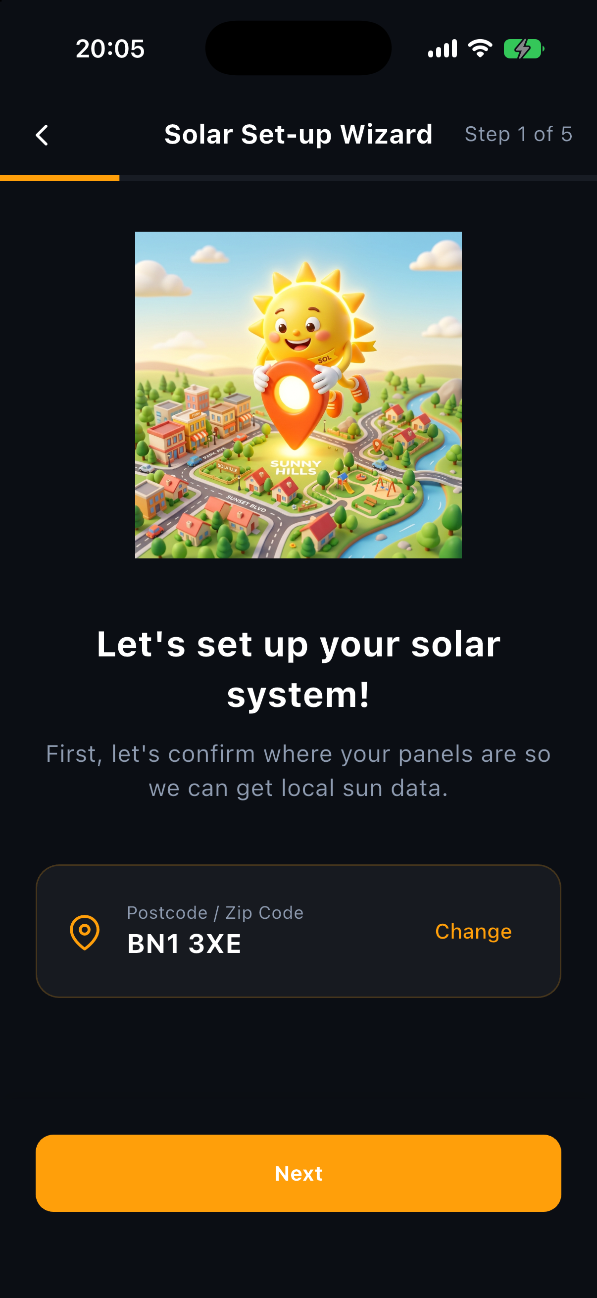 Sun Hours solar set-up wizard at step 1 of 5, with an illustration of a smiling sun holding a map pin over a town, a card confirming the postcode BN1 3XE with a Change link, and a Next button, shown in the app's near-black night palette.