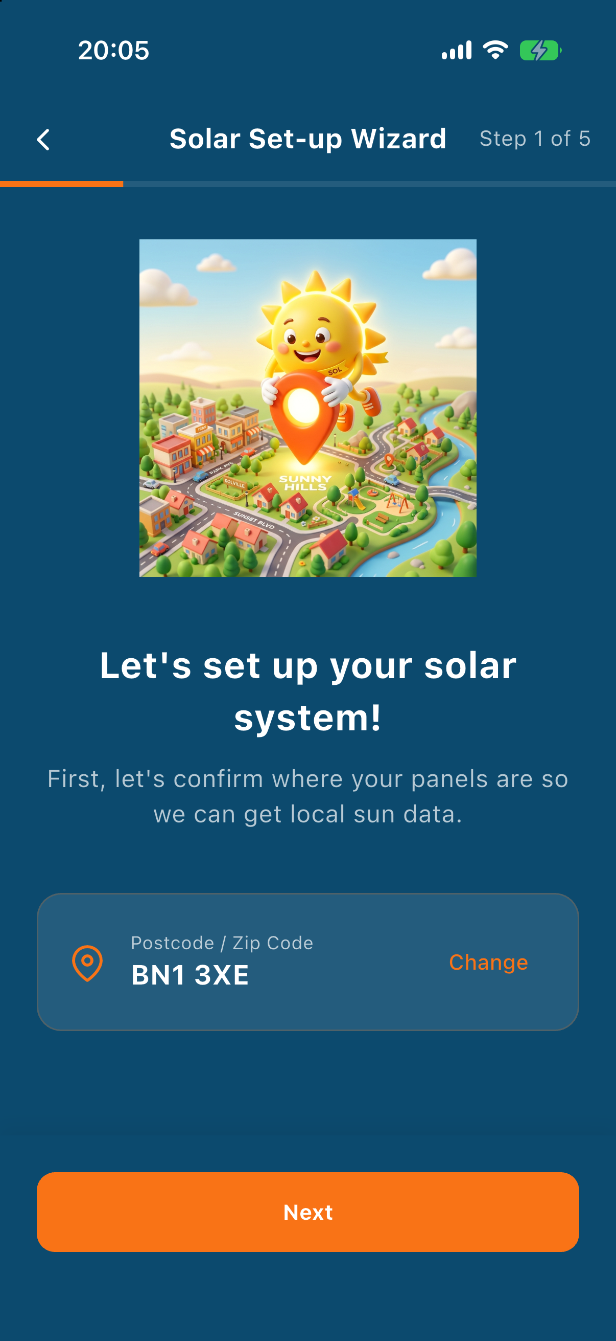 Sun Hours solar set-up wizard at step 1 of 5, with an illustration of a smiling sun holding a map pin over a town, a card confirming the postcode BN1 3XE with a Change link, and a Next button, shown in the app's blue daytime palette.
