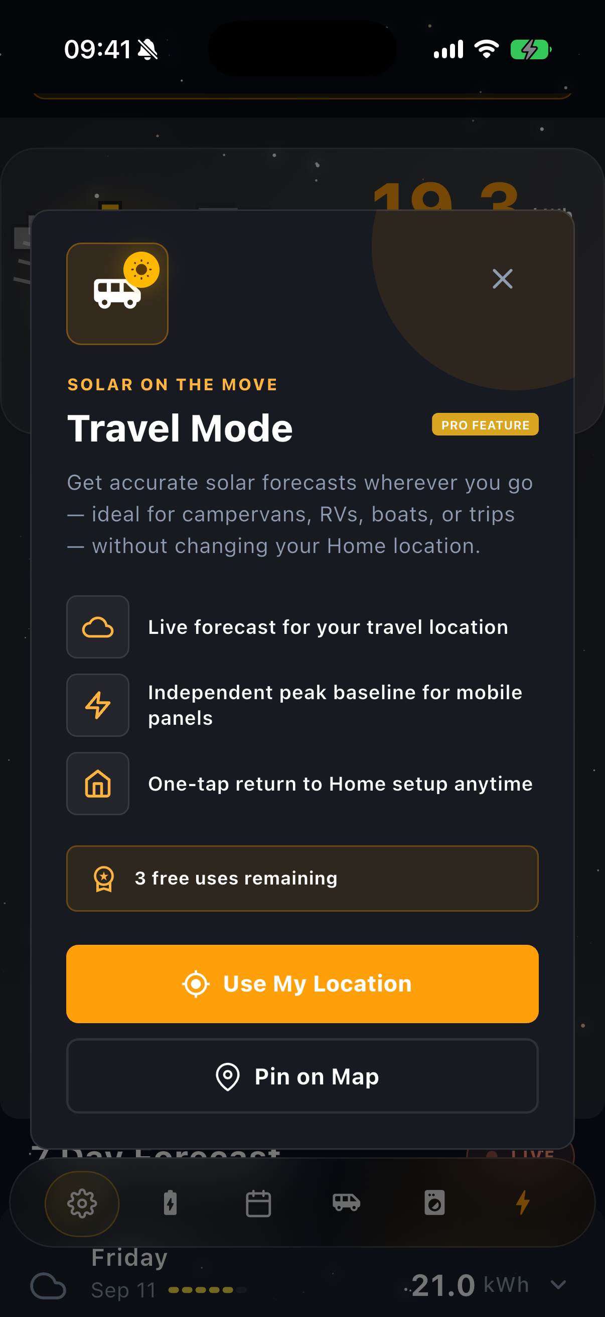 Sun Hours app screen: travel mode — switching the active forecast location, shown in the app's near-black night palette.