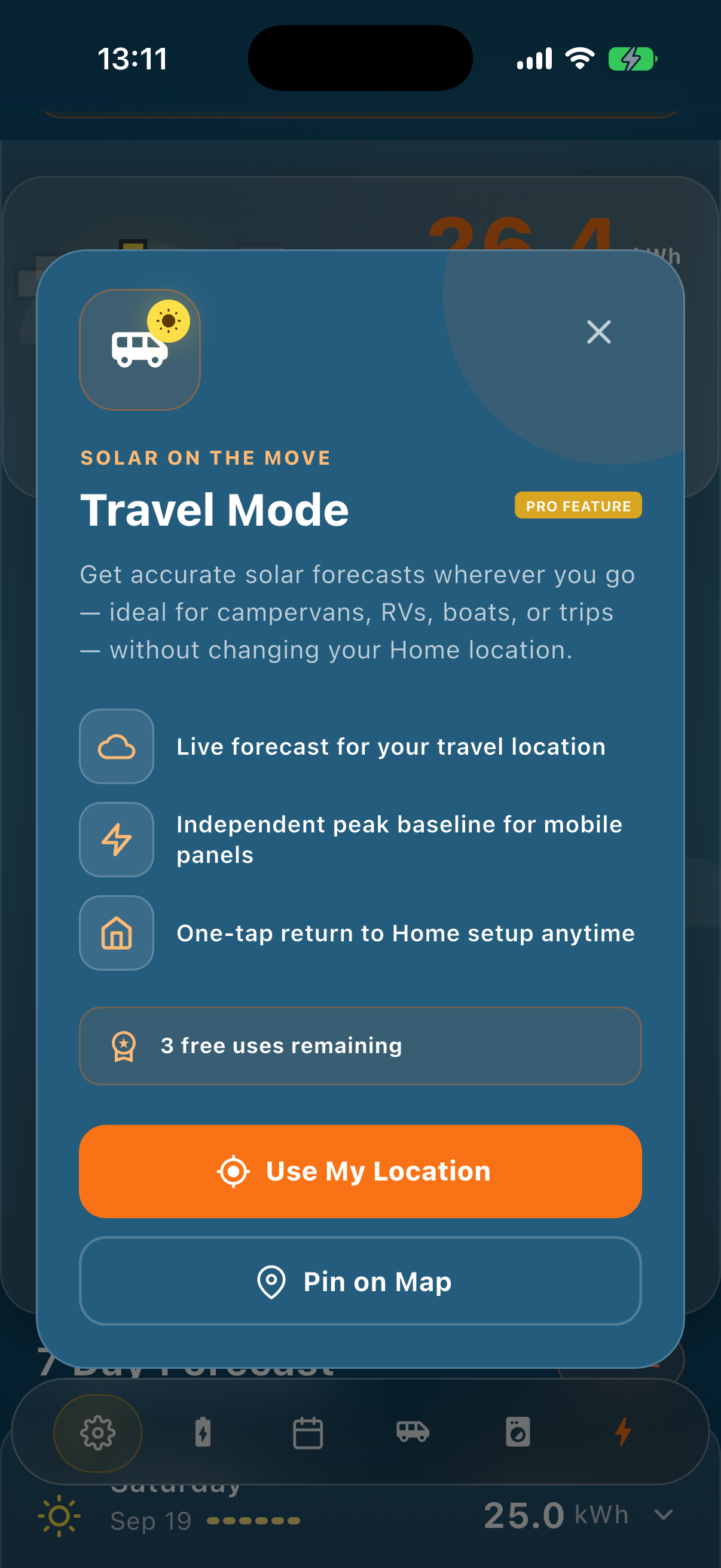 Sun Hours Travel Mode dialog, badged Solar On The Move and Pro Feature, offering a live forecast for the current travel location, an independent peak baseline for mobile panels and one-tap return to the Home setup, with 3 free uses remaining and Use My Location and Pin on Map buttons, shown in the app's blue daytime palette.