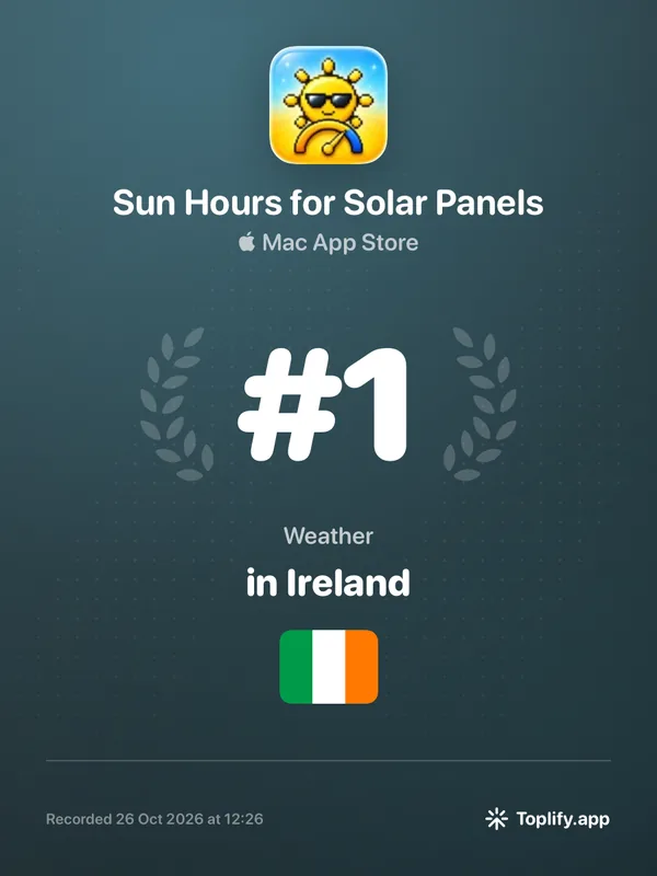 Toplify ranking badge: Sun Hours for Solar Panels at number 1 in Weather on the Irish Mac App Store, recorded 26 October 2026