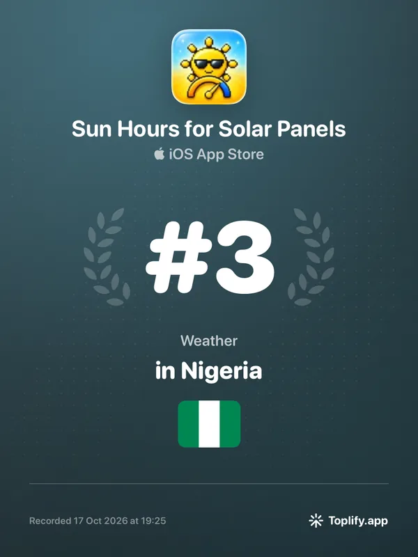 Toplify ranking badge: Sun Hours for Solar Panels at number 3 in Weather on the Nigerian iOS App Store, recorded 17 October 2026