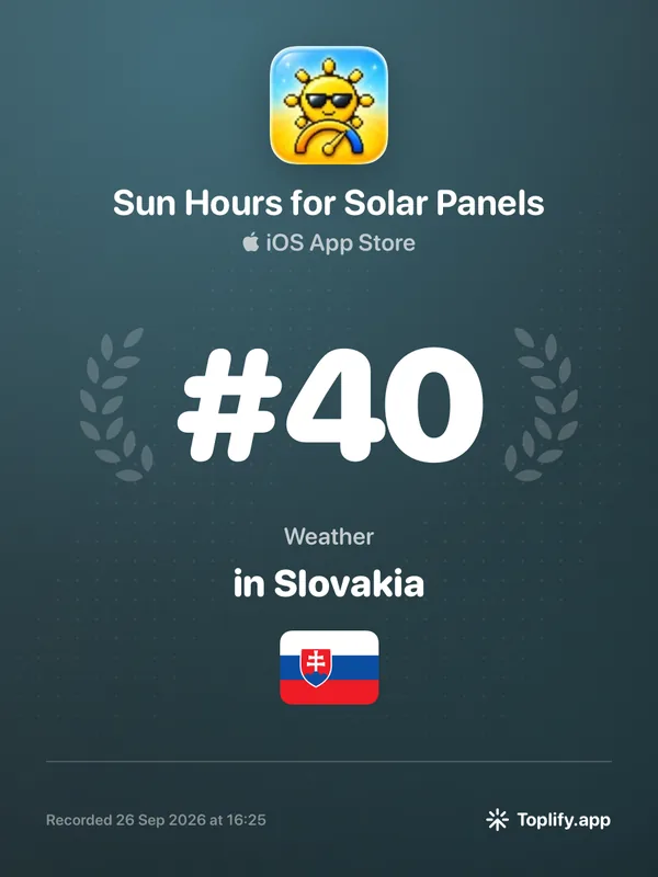 Toplify ranking badge: Sun Hours for Solar Panels at number 40 in Weather on the Slovak iOS App Store, recorded 26 September 2026