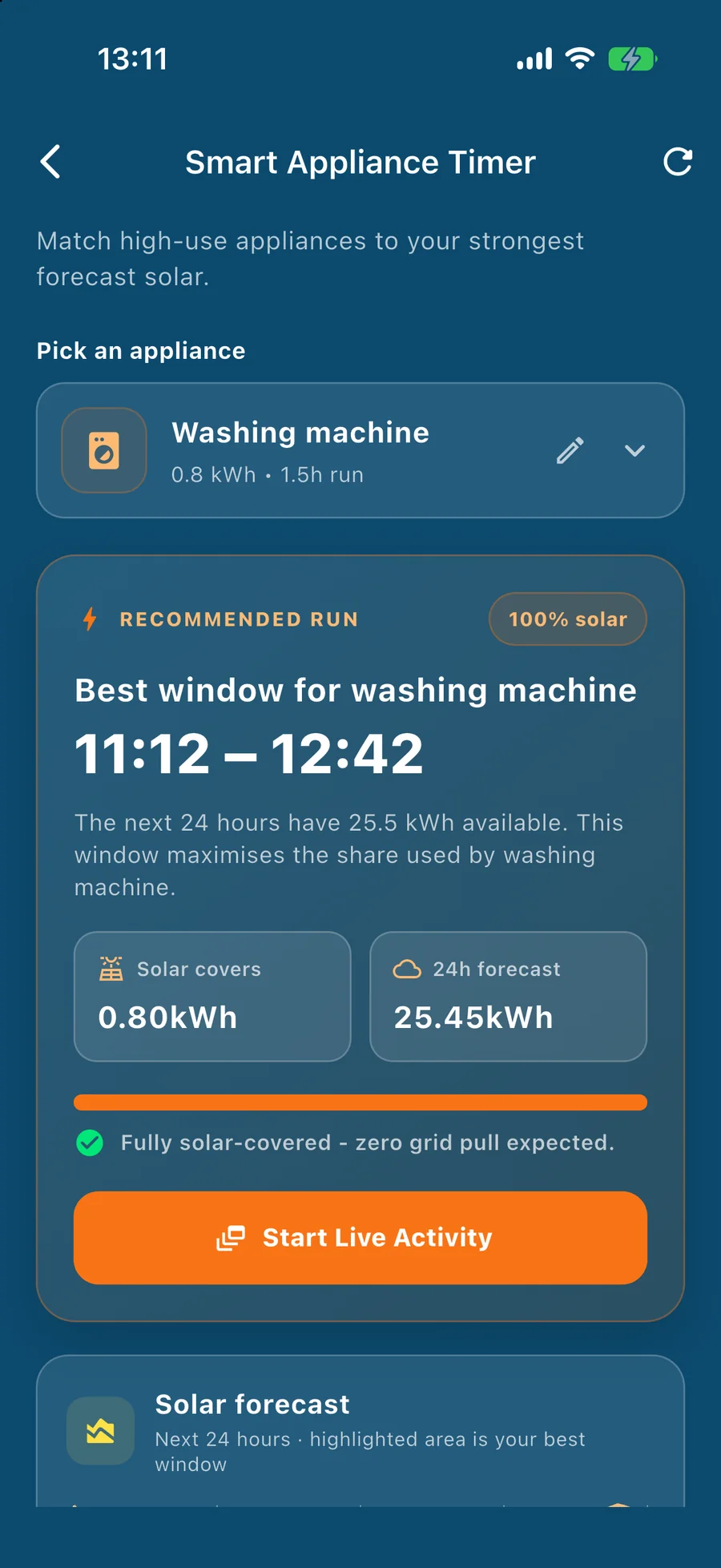 Sun Hours smart appliance timer picking the best window in the next 24 hours to run an appliance on your own solar