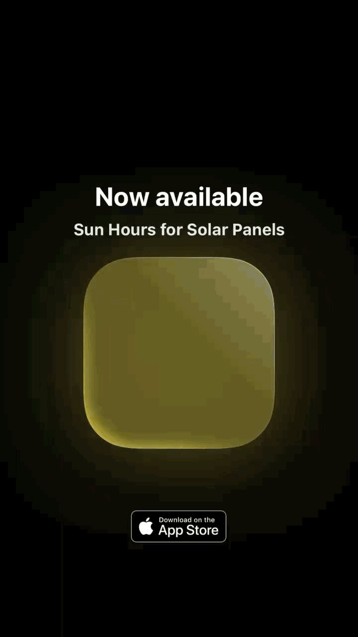 Sun Hours for Solar Panels — Now available on the iOS App Store. Animated reveal of the app icon with an App Store download badge.